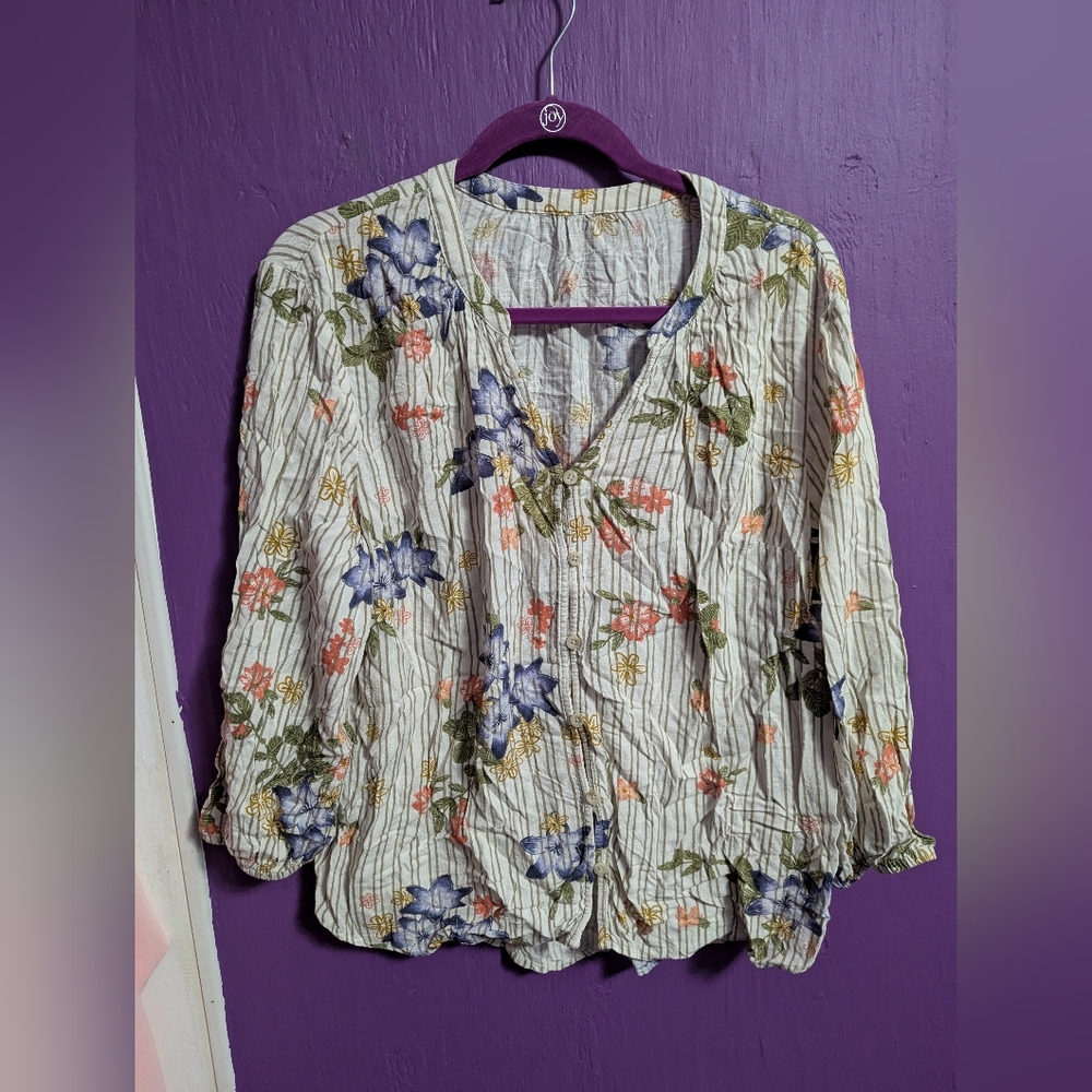 💜 Tan Green Striped Button Down Floral Long Sleeve Blouse XXL 1X 16 18